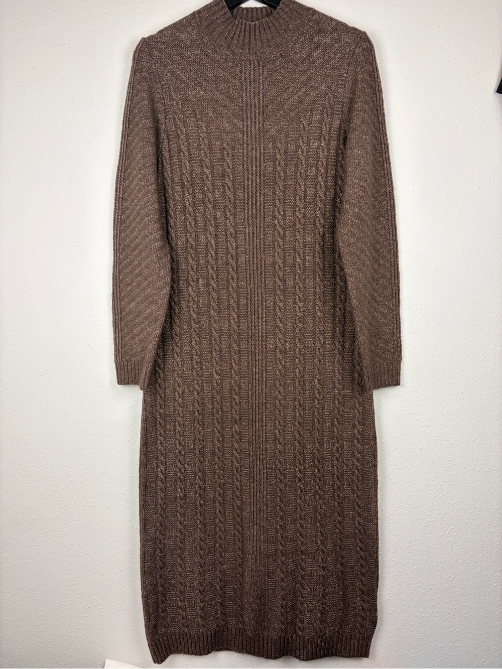 Tahari Brown Cable Knit Long-Sleeve Midi Dress